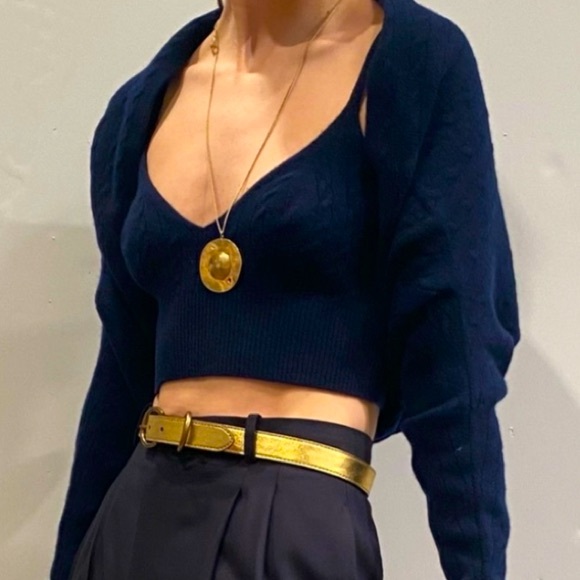 Polo cable-knit cashmere wool crop top new - Picture 1 of 6